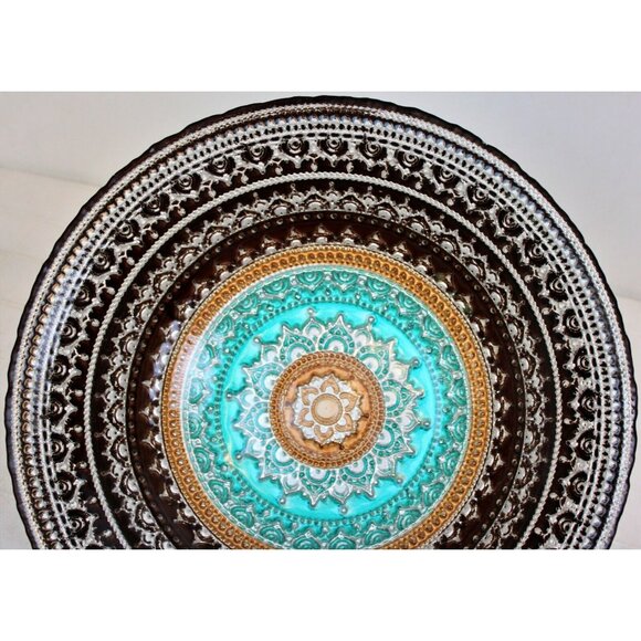 Artistic Accents Turkish Glass Serving Bowl Mandala Teal Terracotta Brown Silver - Picture 3 of 7